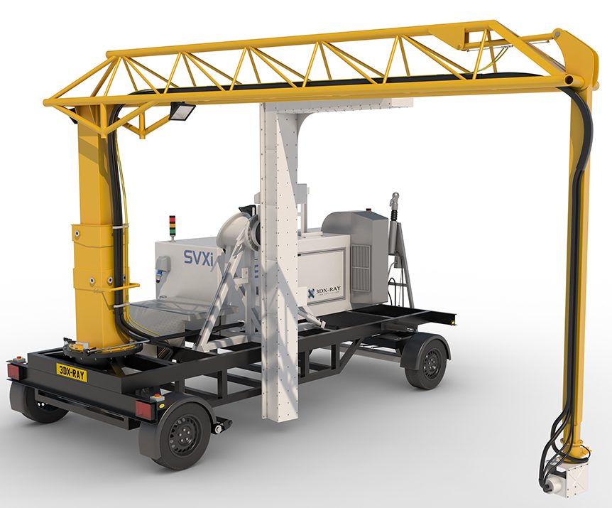 Small yellow crane carrying a portable car scanning x-ray machine.